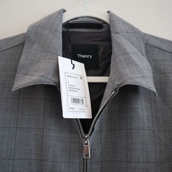 Theory M0371403 Mens Sz S Charcoal Plaid Zerega Wool Blend 2-Way Zip Jacket $495 - Picture 3 of 12